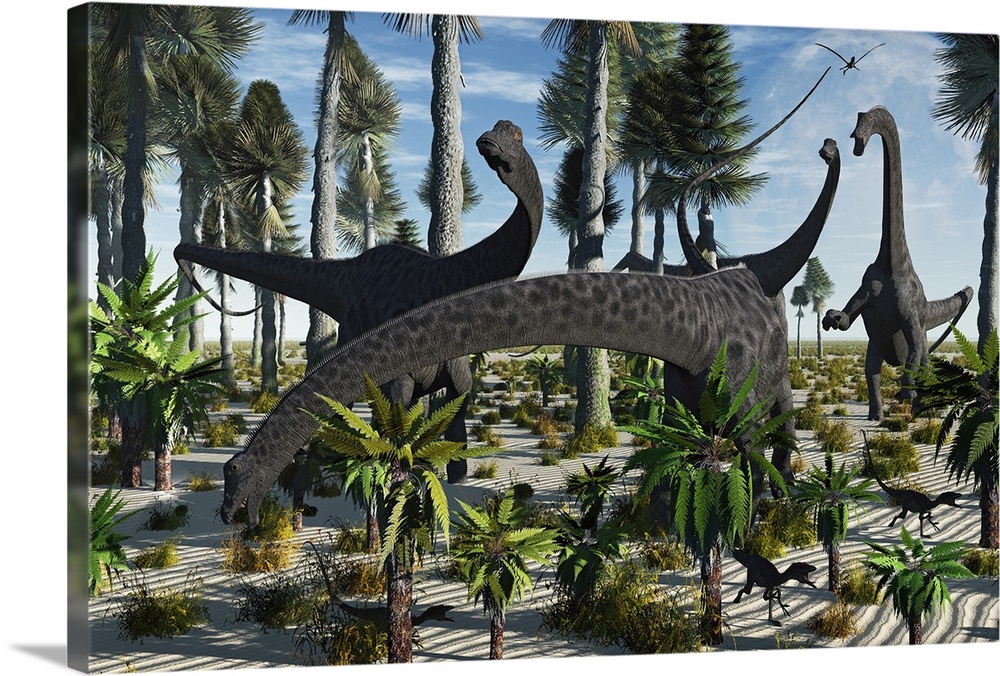 These juvenile Diplodocus dinosaurs know that until they reach full size and maturity, they are targets of attack by preda...