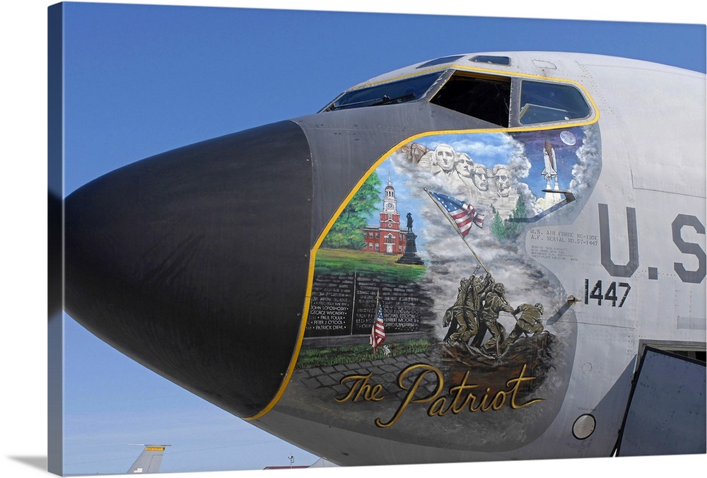 A KC135 Stratotankerdisplaying patriotic nose art
