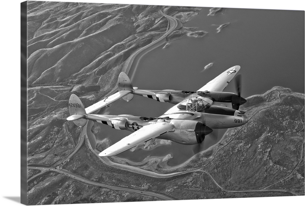 A Lockheed P-38 Lightning fighter aircraft in flight near Chino, California.
