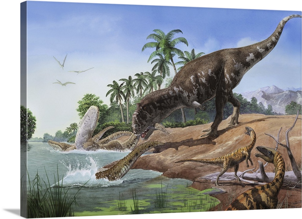 A Majungasaurus grabs the tail of a crocodilian Mahajangasuchu.