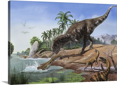 A Majungasaurus grabs the tail of a crocodilian Mahajangasuchu