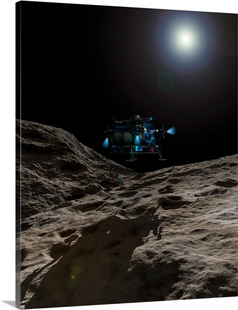 A manned Asteroid Lander approaches the desolate surface of an asteroid.