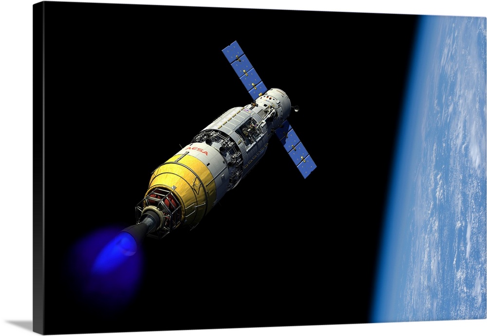 A manned orbital maintenance platform docked with a manned reusable crew capsule.