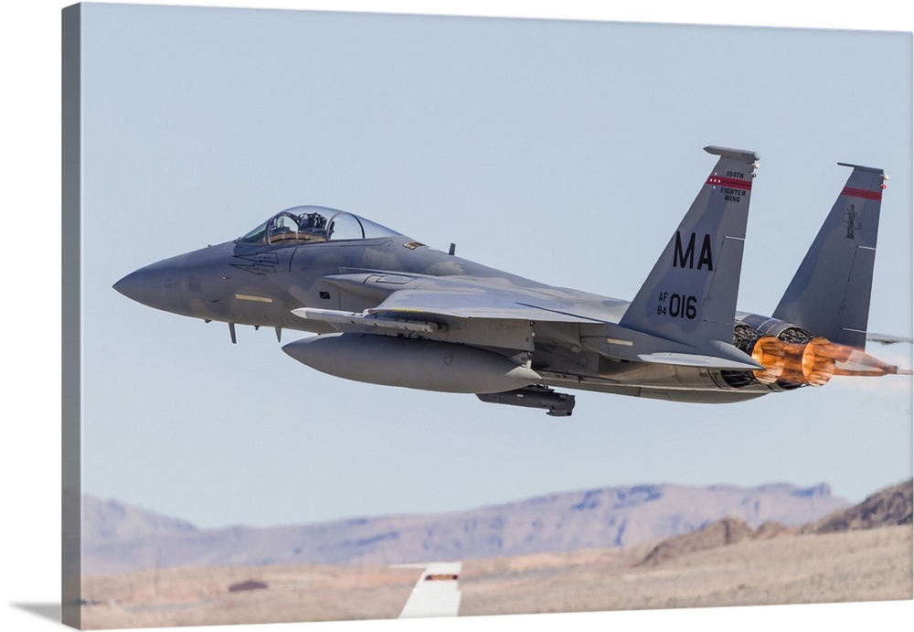 A Massachusetts Air National Guard F-15C Eagle takes off from Nellis Air Force Base, Nevada, on a Red Flag mission.