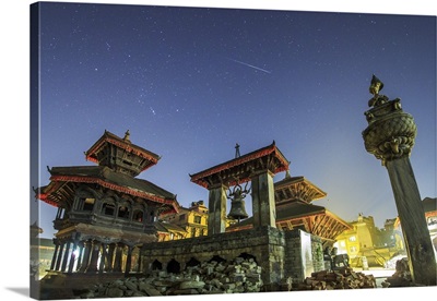 A meteor streaks the sky above Bhaktapur Durbar Square of Nepal