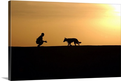 A military working dog and his handler spend time together