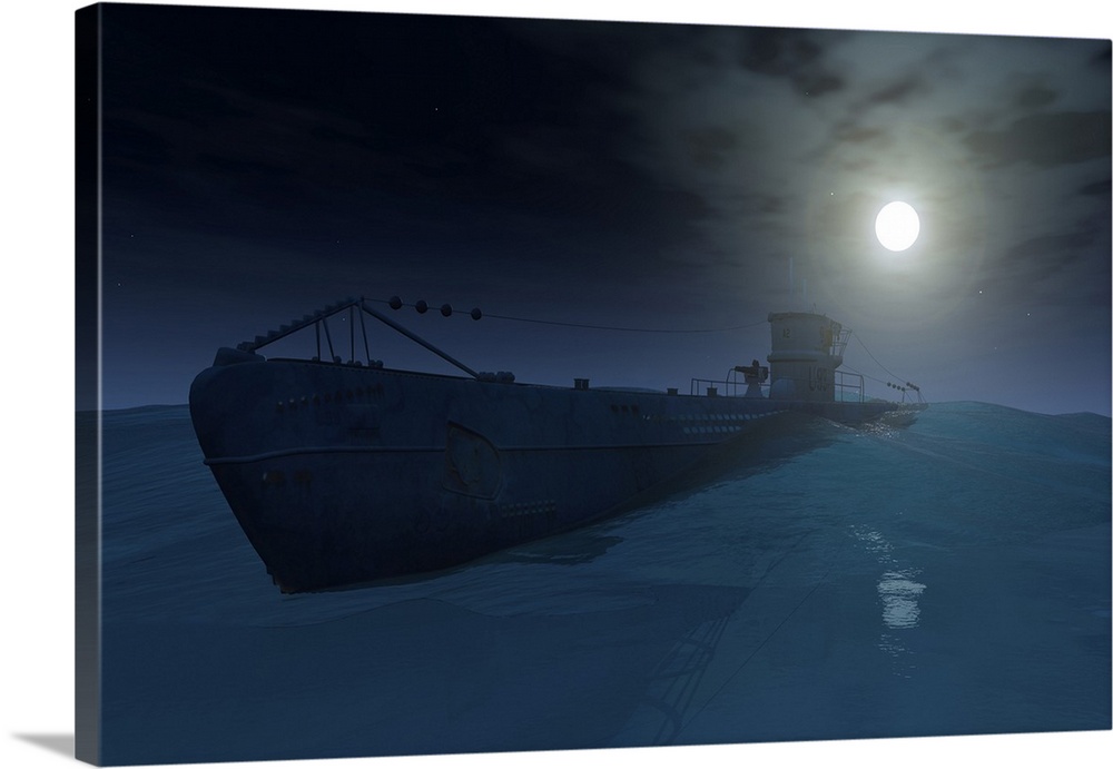 A Nazi German U-boat sailing on the waters surface at night during patrol hunting for allied shipping.