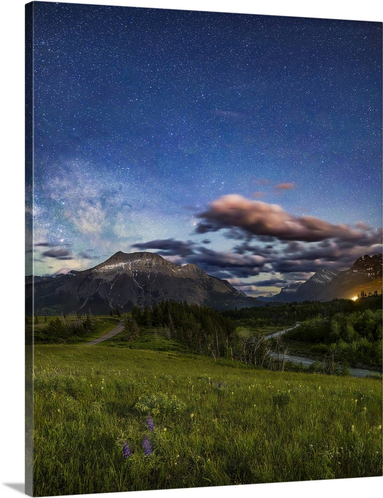 A Nightscape Scene Under A Moonlit Sky In Waterton Lakes National Park, Alberta, Canada