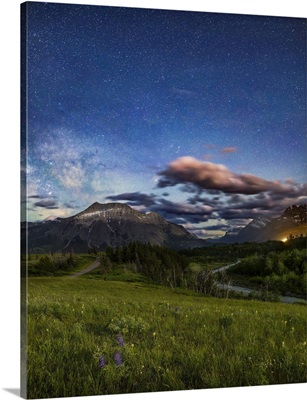 A Nightscape Scene Under A Moonlit Sky In Waterton Lakes National Park, Alberta, Canada