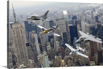 A P51 Mustang F16 Fighting Falcon F15 Eagle and A10 Thunderbolt II over NY
