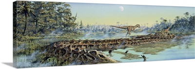 A pair of Allosaurus dinosaurs explore the remains of a Diplodocus carcass