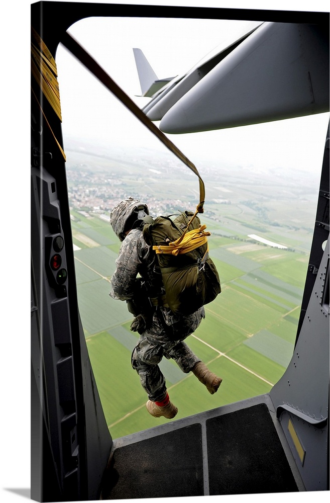 June 14, 2010 - A paratrooper executes an airborne jump out of a C-17 Globemaster III over the drop zone in Alzey, Germany.