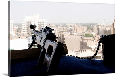 A PK 762mm machine gun nest on top of the Baghdad Hotel during Operation Iraqi Freedom