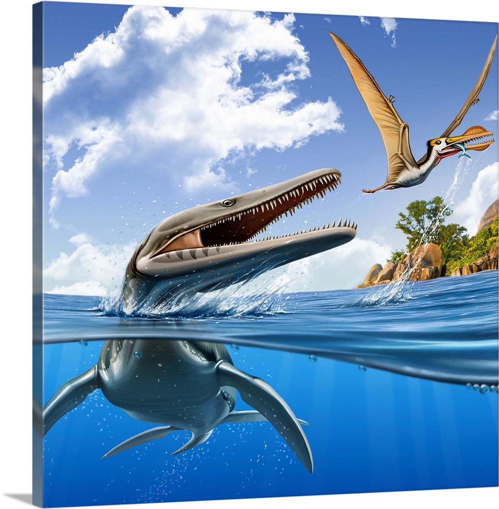 A Plesiopleurodon jumps out of the water, attacking an Ornithocheirus.