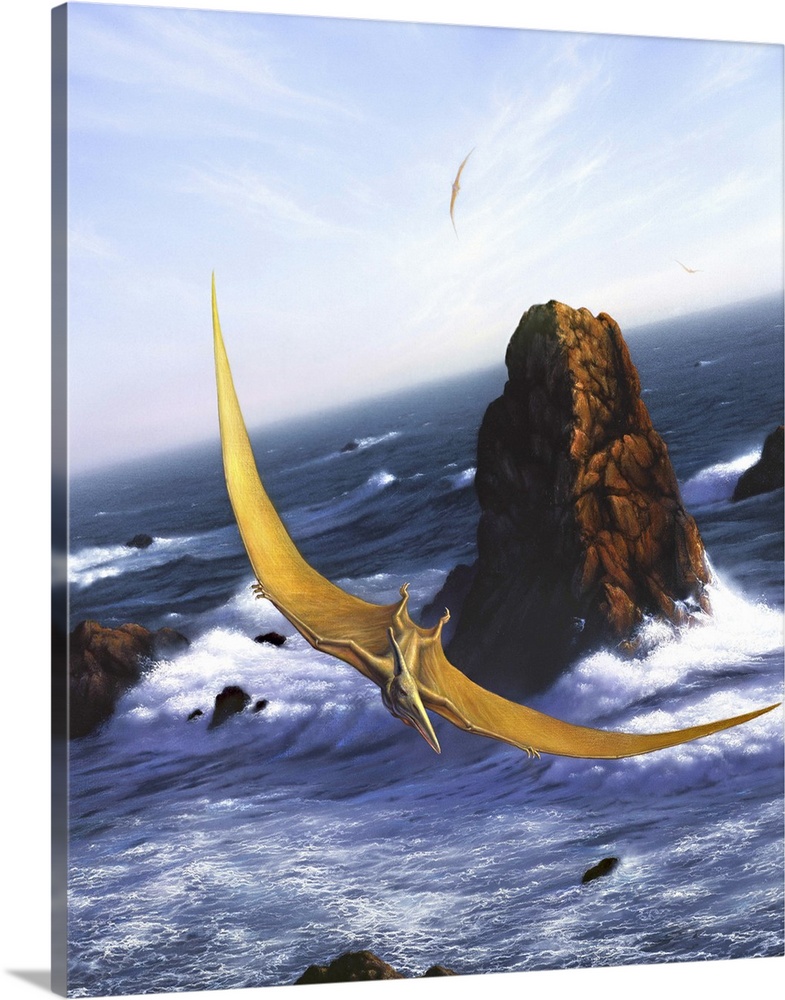 A Pteranodon soars above the ocean and rocks.
