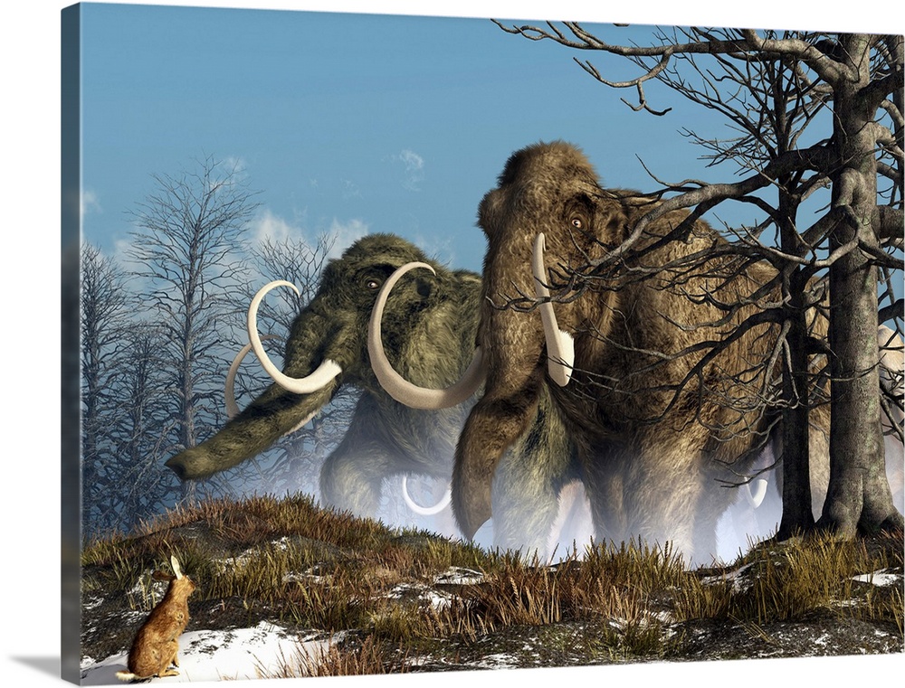 A rabbit witnesses a herd of mammoths in a snowy forest.