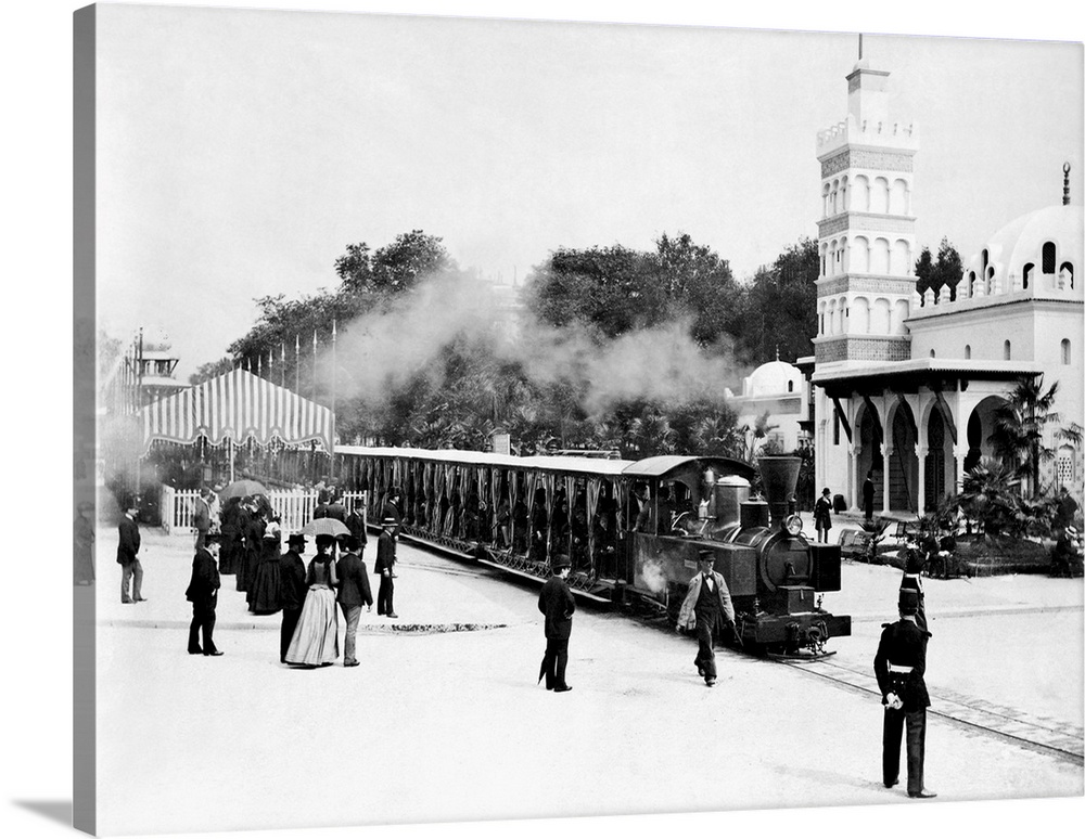A railroad train in front of the Pavillion de Algeria during the 1889 Paris Exposition.