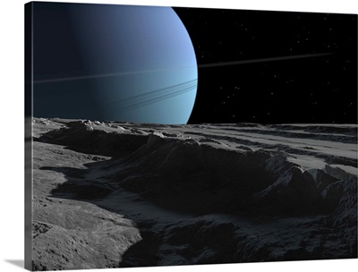 A scene on the tortured, wrinkled terrain of Miranda, one of Uranus many moons