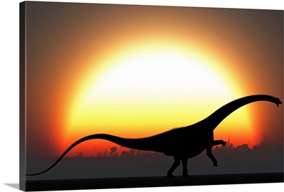 A silhouetted Diplodocus dinosaur takes at the start of a prehistoric day