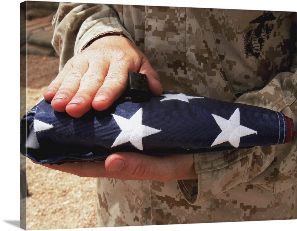 A soldier holds the United States flag.