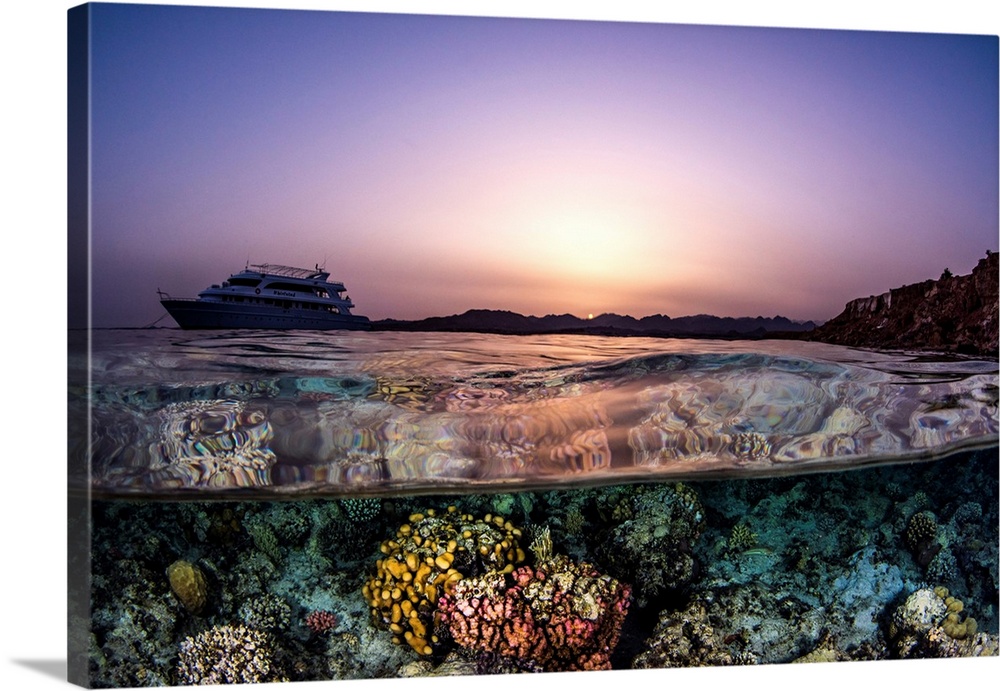 A split shot featuring a liveaboard in the Red Sea.