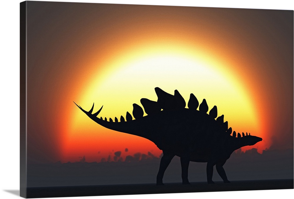 A Stegosaurus silhouetted against the setting Sun at the end of a prehistoric day.