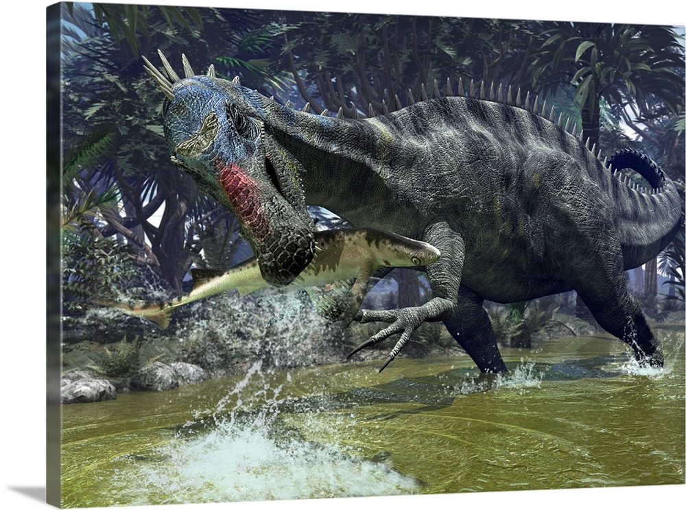 A five ton, Early Cretaceous Suchomimus snags a shark from a lush estuary near the ancient Tethys Ocean in what today is N...