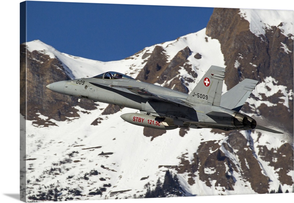 A Swiss Air Force F/A-18 Hornet takes off at its homebase Meiringen, Switzerland.