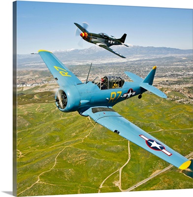 A T-6 Texan and P-51D Mustang in flight over Chino, California