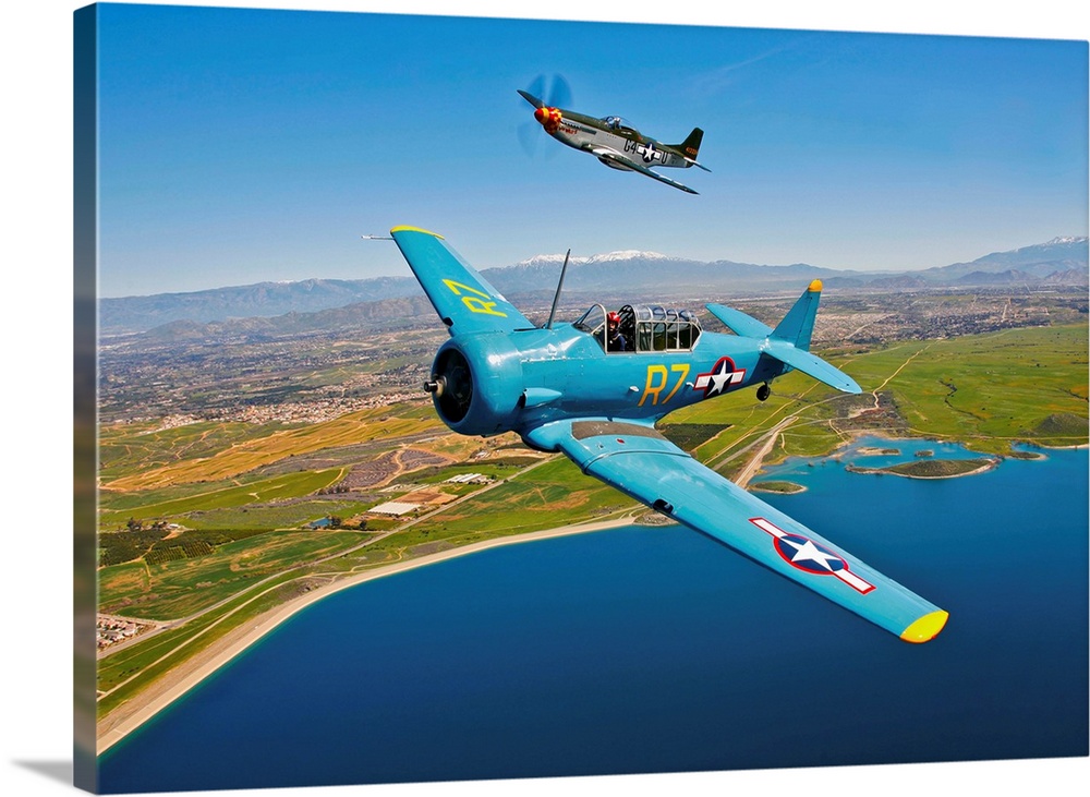 A North American T-6 Texan and a P-51D Mustang in flight over Chino, California.