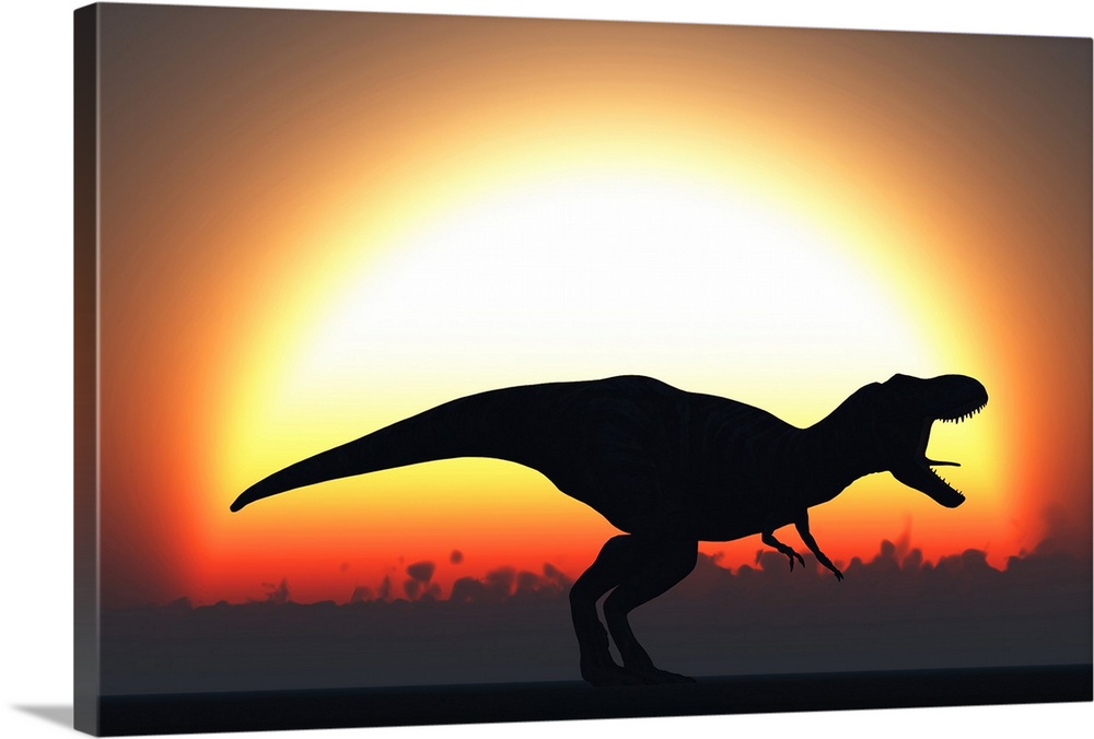A T. Rex silhouetted against the setting Sun at the end of a prehistoric day.