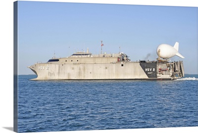 A TIF-25K aerostat tethered on the stern of high-speed vessel Swift