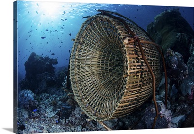 A traditional fish trap made out of bamboo in the waters off Indonesia