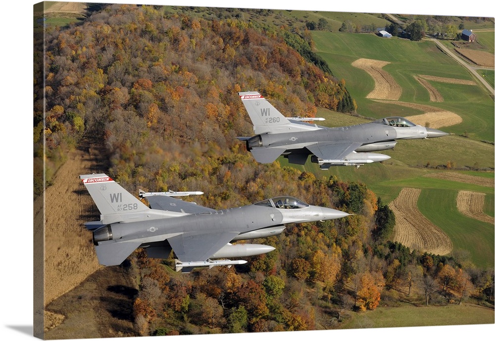 A two-ship formation of F-16 Fighting Falcons on a routine training mission.