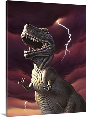 A Tyrannosaurus Rex with a red stormy sky and lightning behind it