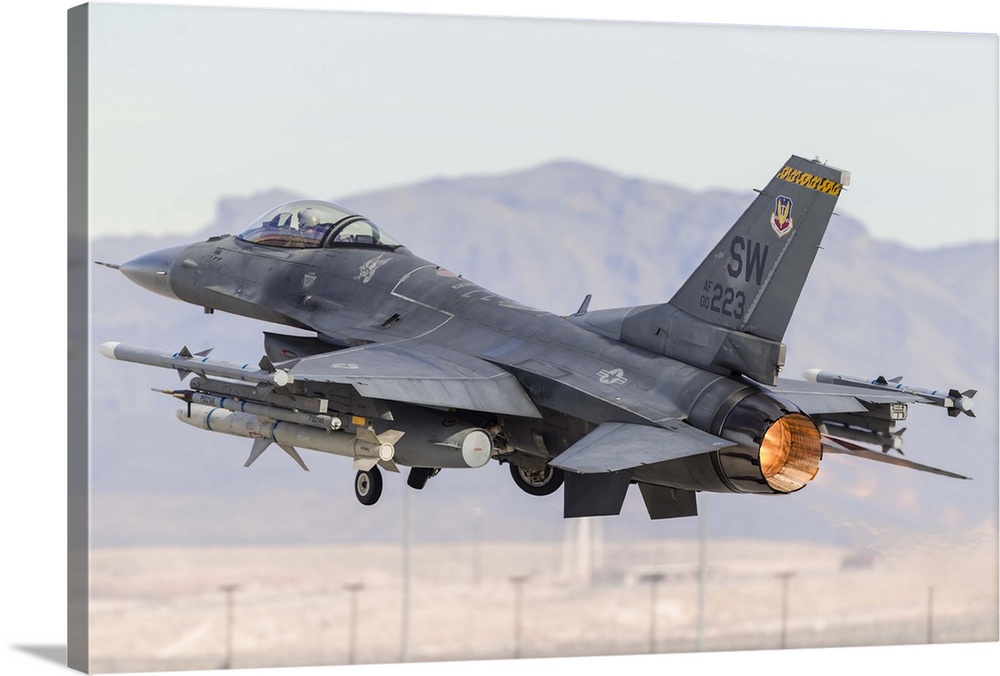 A U.S. Air Force F-16C Fighting Falcon turns after taking off from Nellis Air Force Base, Nevada.