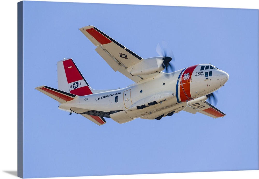 A U.S. Coast Guard C-27J makes a flypast at Mather airport in Sacramento, California.