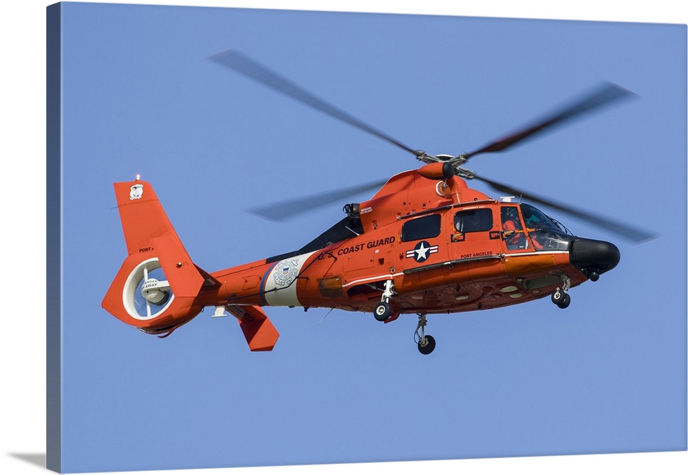 A U.S. Coast Guard MH-65 Dolphin on approach to Boeing Field, Seattle, Washington.