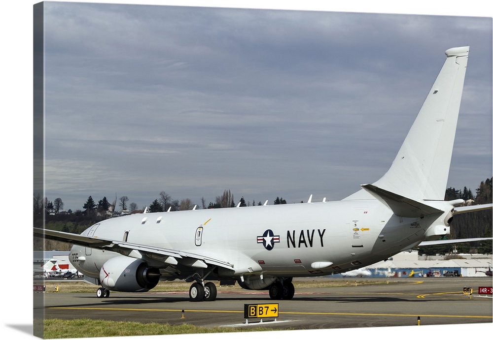 A U.S. Navy P-8A Poseidon taxis for departure at Boeing Field in Seattle, Washington.