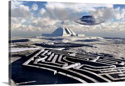 A UFO visiting an ancient city in a remote part of the Antarctic