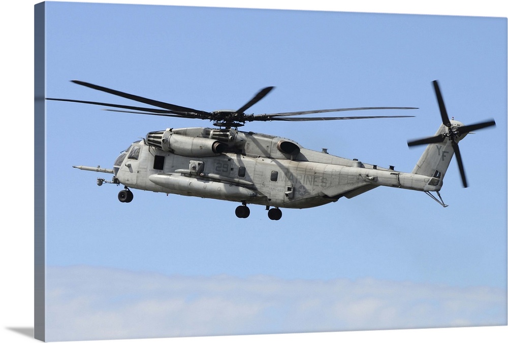 A U.S. Marine Corps CH-53E prepares for landing.