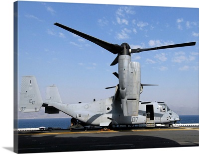A US Marine Corps MV-22 Osprey prepares for flight on the deck USS Wasp