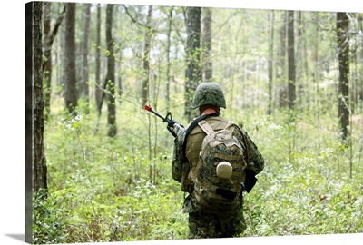A US Marine patrols through a forest during a field exercise