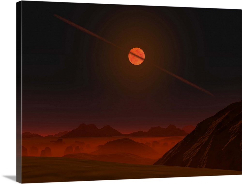 A view across a hypothetical primitive alien planet towards a brown dwarf in the sky. This brown dwarf is host to a disk c...