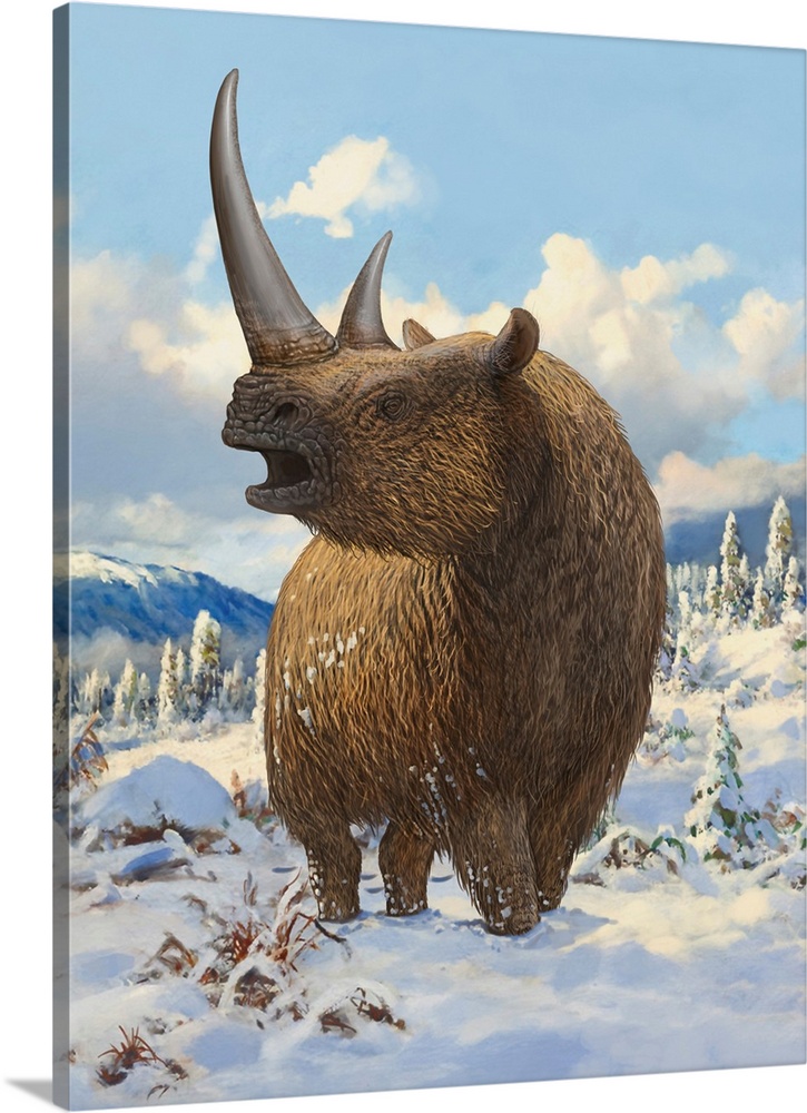 A woolly rhinoceros standing in the snow.