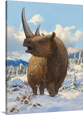 A Woolly Rhinoceros Standing In The Snow