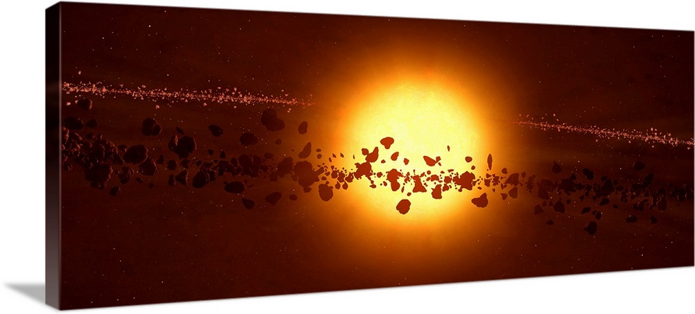 This is an artistic rendering of star being orbited by a ring of asteroids in this panoramic wall art.