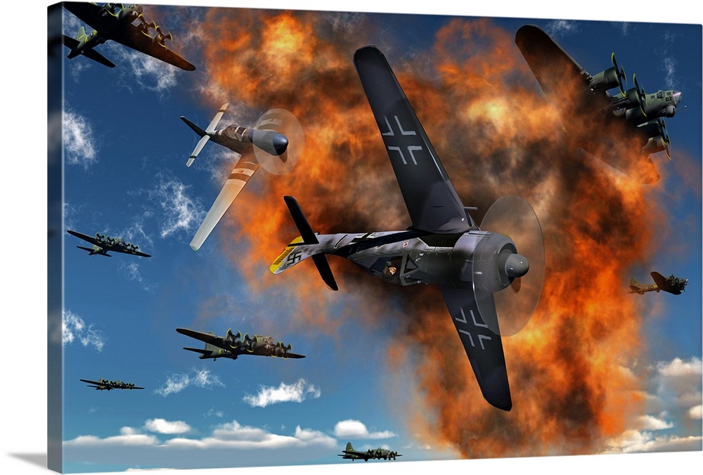 World War II aerial combat between American P-51 Mustang and German Focke-Wulf 190 fighter planes.