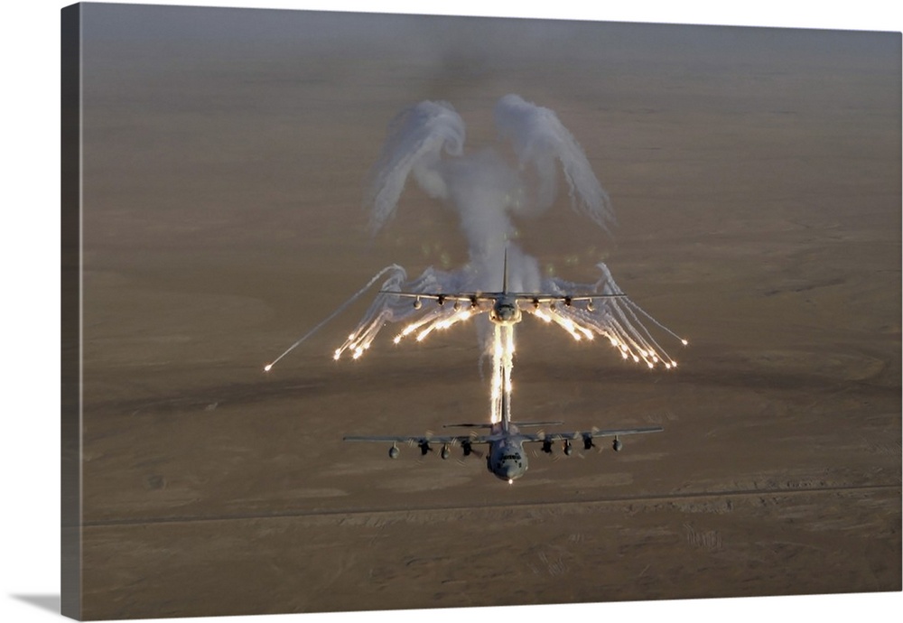Aerial shot over Iraq of a KC-130 Stratotanker firing flares.