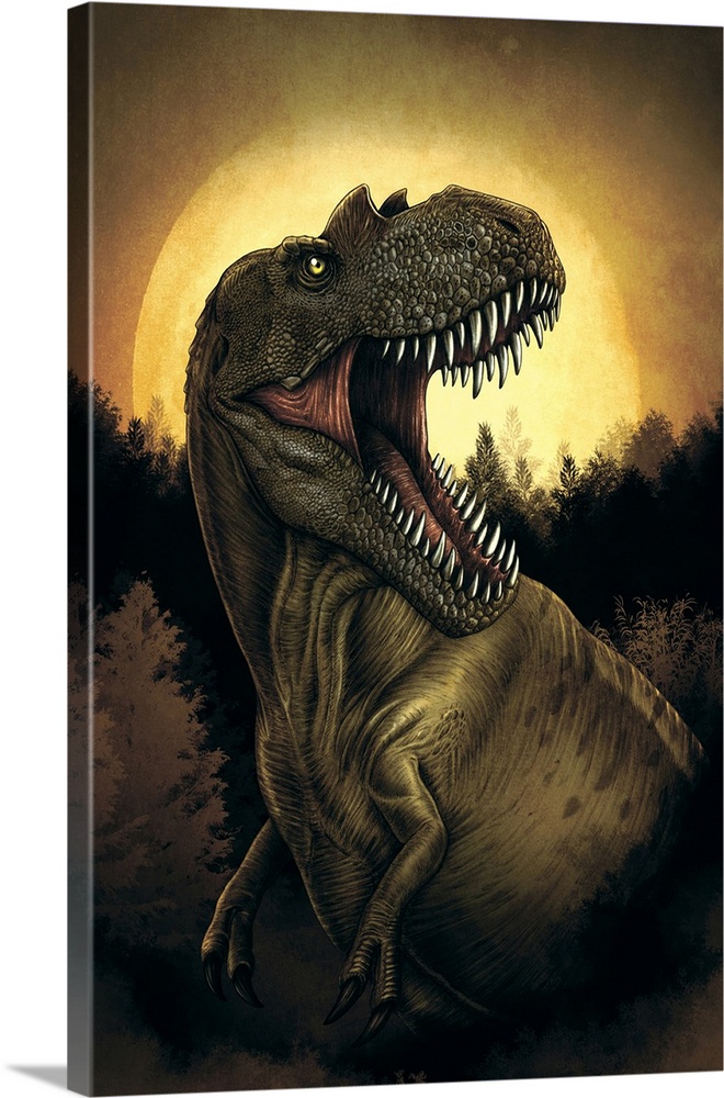 Albertosaurus dinosaur roaring under moonlight.